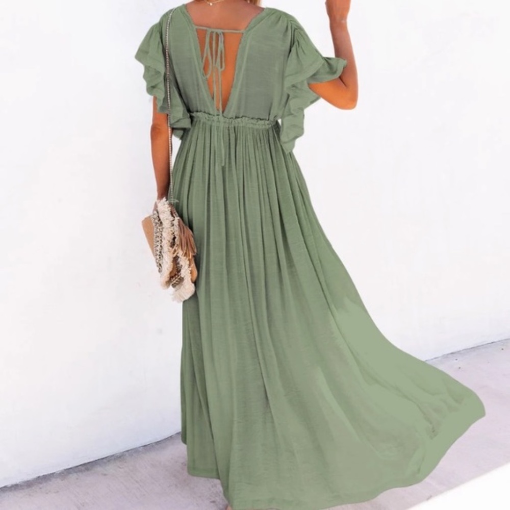 Sage Green Gauze Boho Button Maxi Dress - Picture 4 of 4